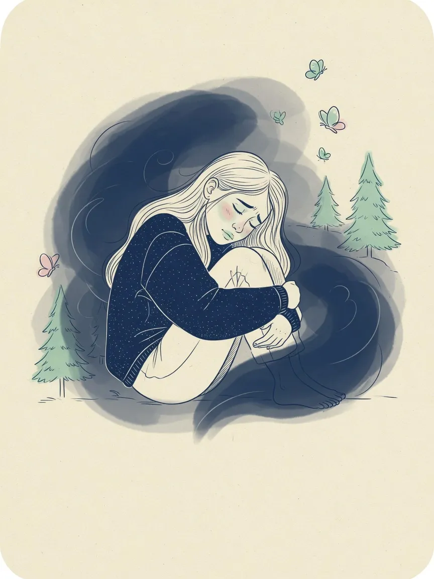 Ilustración de una figura recogida en penumbra con una luz tenue al fondo, en tonos crema