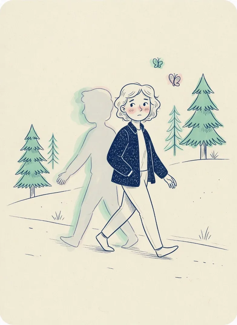 Ilustración de un paisaje en calma tras la tormenta, con una figura pequeña de espaldas